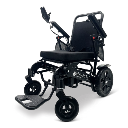ComfyGo Majestic IQ-7000 AF power wheelchair, black frame with the standard black seat, three-quarter front view.