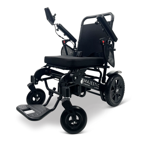 ComfyGo IQ-7000 AF Classic power wheelchair, black frame with the standard black seat, three-quarter front view.
