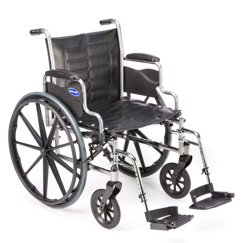 Invacare Tracer EX2 wheelchair, front three-quarter view with full-length arms and swing-away footrests