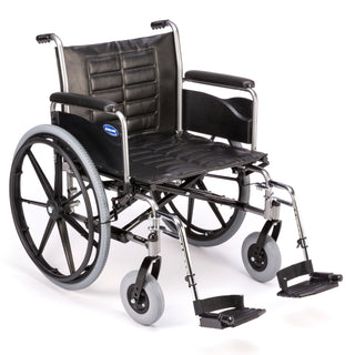 Invacare Tracer IV Custom heavy-duty wheelchair, front three-quarter view with full-length arms and swing-away footrests
