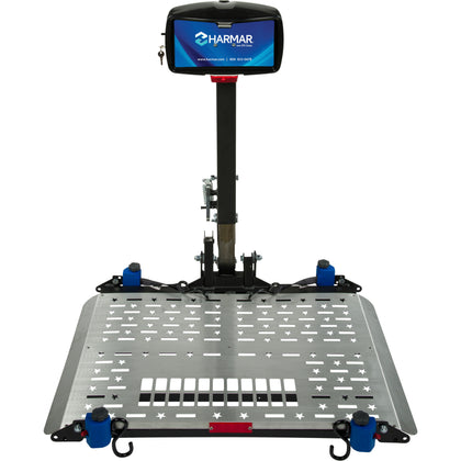 Harmar AL500 power wheelchair lift with the platform lowered, seen from the front