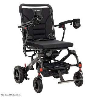Pride Jazzy Carbon folding power wheelchair in Black, three-quarter view