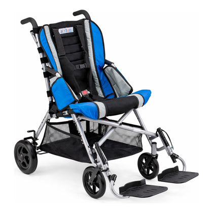 Circle Specialty Strive adaptive stroller in blue, with the basket that comes with it