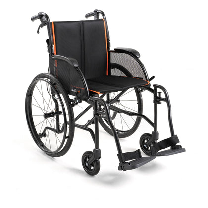 Feather Chair folding wheelchair in matte black with orange trim, the 18" seat