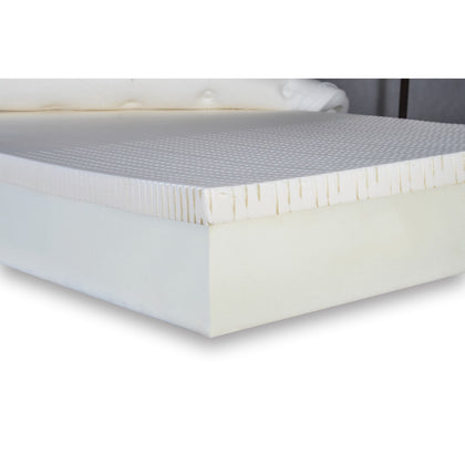 A corner of the Flexabed latex mattress with the cover off, showing the latex layer on its foam core