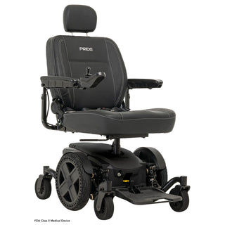 Pride Jazzy EVO 614 power wheelchair in black, three quarter view from the right
