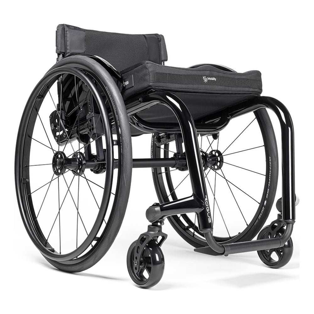 Ki Mobility Rogue 2 in black with a cushion, front three quarter view