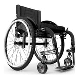 Motion Composites APEX A in Black with White highlights and matching Air Grip handrims, front three quarter view