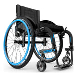 Motion Composites APEX A in Black with Sky Blue highlights and matching Air Grip handrims, front three quarter view