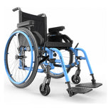 Motion Composites Helio A7 in Sky Blue with matching Air Grip handrims, front three quarter view