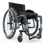 Motion Composites Veloce in Steel Blue with matching Air Grip handrims, front three quarter view