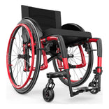 Motion Composites Veloce in Ferrari Red with matching Air Grip handrims, front three quarter view