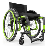Motion Composites Veloce in Acid Green with matching Air Grip handrims, front three quarter view