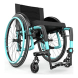Motion Composites Veloce in Caribbean Blue with matching Air Grip handrims, front three quarter view