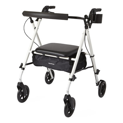 Medline Luxe Wide Rollator in white with its padded seat and bag