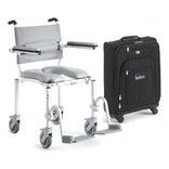 Nuprodx MC4000 TX travel shower commode chair beside its carrying case