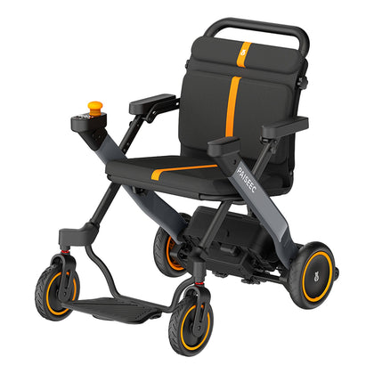 Paiseec W1 2-in-1 electric wheelchair in gray with orange trim, from the front left