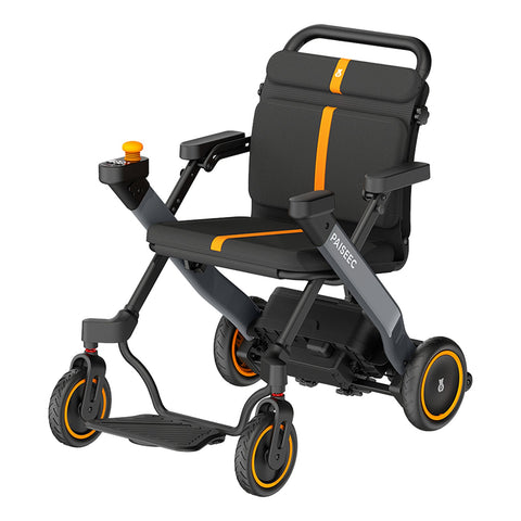 Paiseec W1 2-in-1 electric wheelchair in gray with orange trim, from the front left