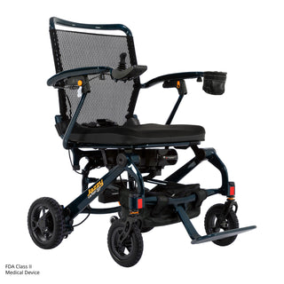 Pride Jazzy Carbon 27 power wheelchair in Night Sky, three-quarter view from the right
