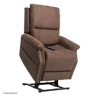 Pride VivaLift Metro 2 lift chair in Saville Brown, lifted to the standing position, right three-quarter view