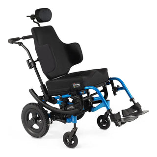 Quickie IRIS tilt in space wheelchair with a headrest, blue frame