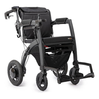 Rollz Motion Electric in Matt Black set up as an electric wheelchair, three-quarter front view