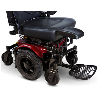 Shoprider residual limb support mounted at the front of a Shoprider power chair seat
