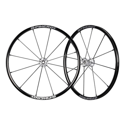 A pair of Spinergy Lite Extreme LX wheels with black spokes and silver hubs