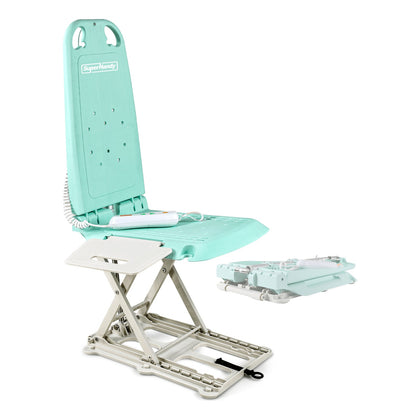 SuperHandy GoRise LT portable floor and bath lift in Aqua Blue, raised, with the folded lift beside it