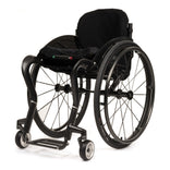 TiLite CR1 carbon fiber rigid wheelchair with charcoal grey anodizing and black Spinergy SPOX rear wheels, front three-quarter left view