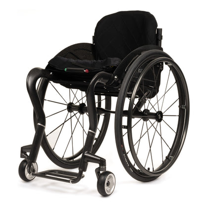 TiLite CR1 carbon fiber rigid wheelchair with charcoal grey anodizing and black Spinergy SPOX rear wheels, front three-quarter left view