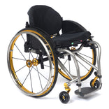 TiLite TRA titanium rigid wheelchair in satin titanium with the gold anodize package, front three-quarter view