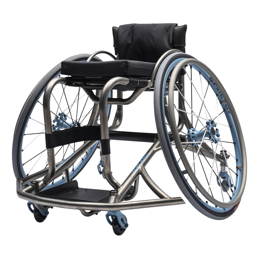 Top End GOAT basketball wheelchair, titanium frame with blue Spinergy wheels, front three quarter view