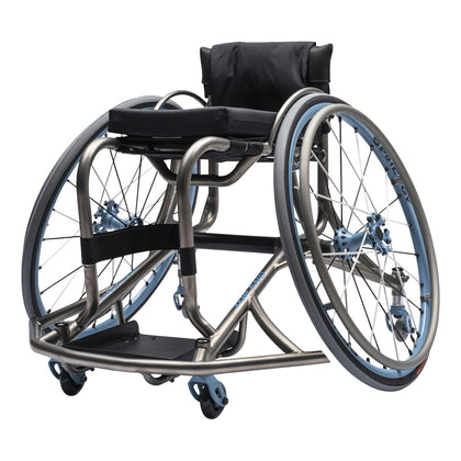 Top End GOAT basketball wheelchair, titanium frame with blue Spinergy wheels, front three quarter view