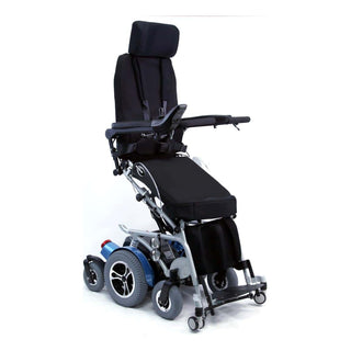 Karman XO-505 full electric standing wheelchair, seated, three-quarter view