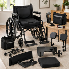 A manual wheelchair with a seat cushion and accessories