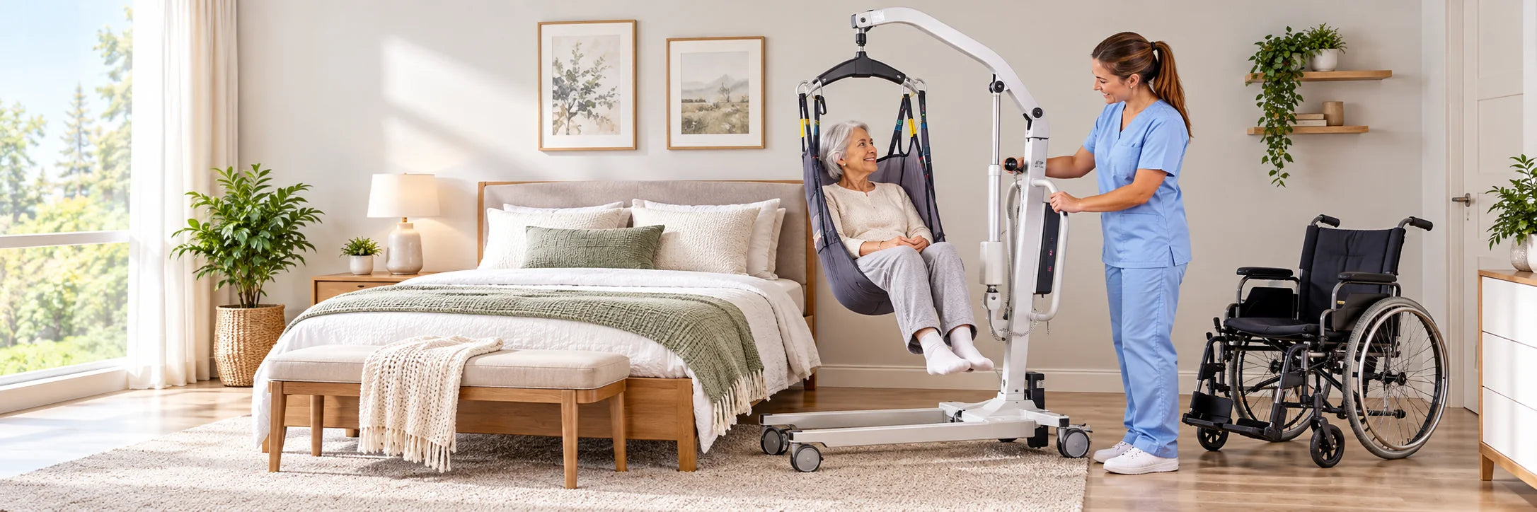 A smiling older woman raised in a full body sling on an electric lift beside her bed while a caregiver works the lift