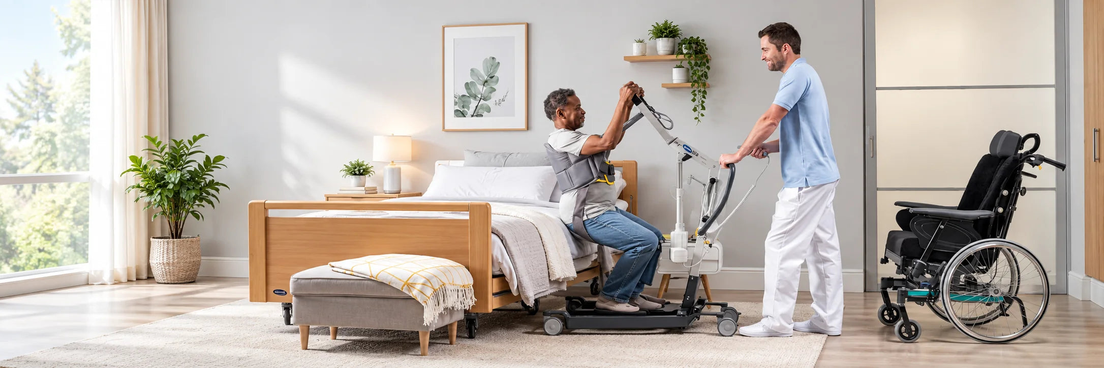A caregiver helping a man rise from the bed with a stand-up lift, a wheelchair waiting beside them