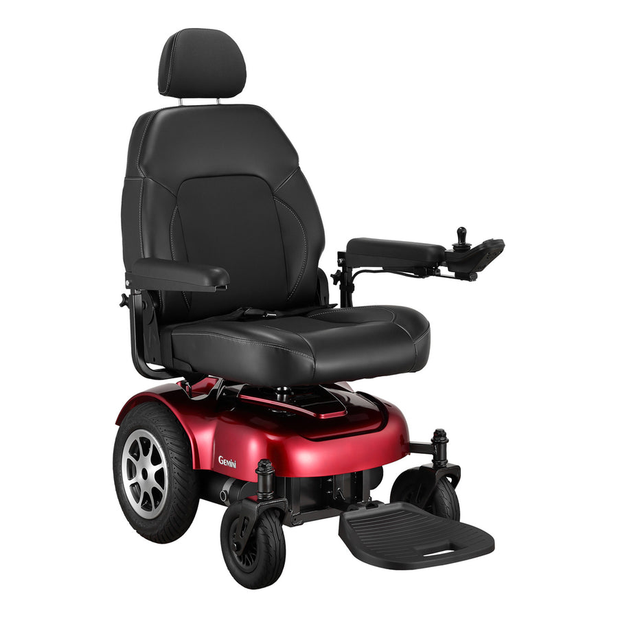 Merits Gemini power wheelchair in Candy Apple Red, three-quarter view from the front right