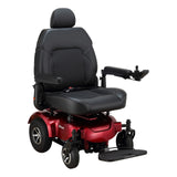 Merits Atlantis power wheelchair in Candy Apple Red, three-quarter view from the front right