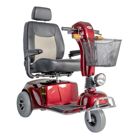 Merits Pioneer 9 three-wheel mobility scooter in red, three-quarter view facing right