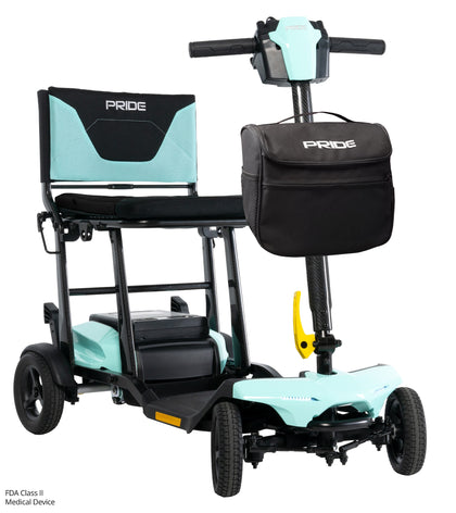 Pride Go Go Super Portable folding travel scooter in Mint, right three-quarter view