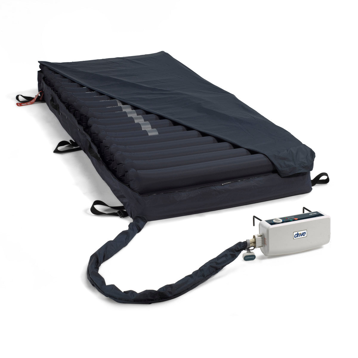 Drive Med-Aire Melody mattress with its control unit, three-quarter view showing the air cells under the cover