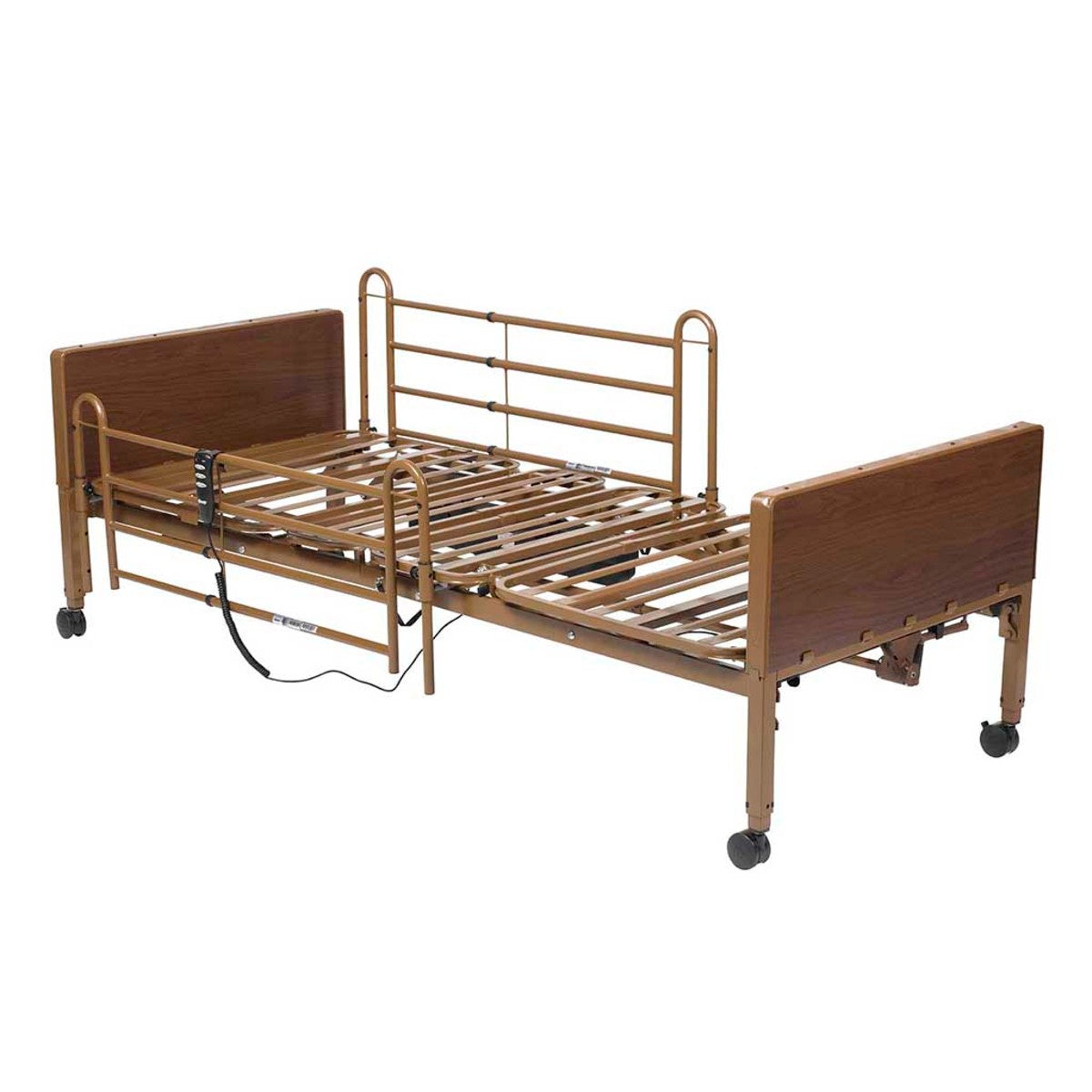 Drive Competitor II semi-electric bed, deck flat, shown with a half rail that is sold separately