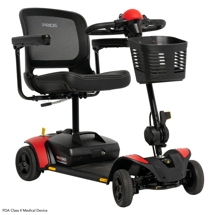 Pride Go Go Elite Traveller 2 Platinum mobility scooter in Cardinal Red, right-facing three-quarter view