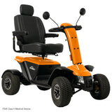 Pride Baja Wrangler 2 off-road mobility scooter in Orange Crush, three-quarter beauty view
