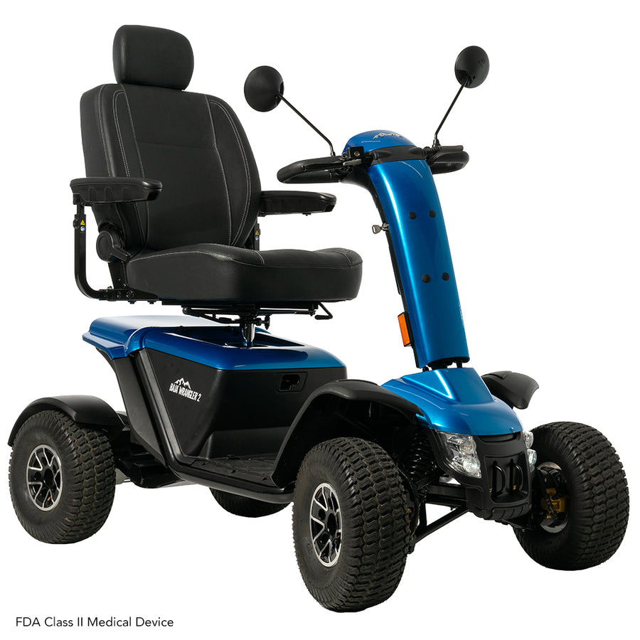 Pride Baja Wrangler 2 off-road mobility scooter in True Blue, three-quarter beauty view