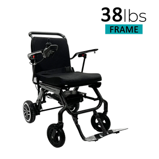ComfyGo IQ-Carbon folding power wheelchair, upright front three-quarter view