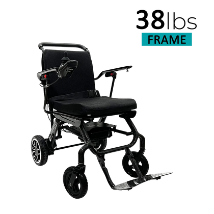 ComfyGo IQ-Carbon folding power wheelchair, upright front three-quarter view