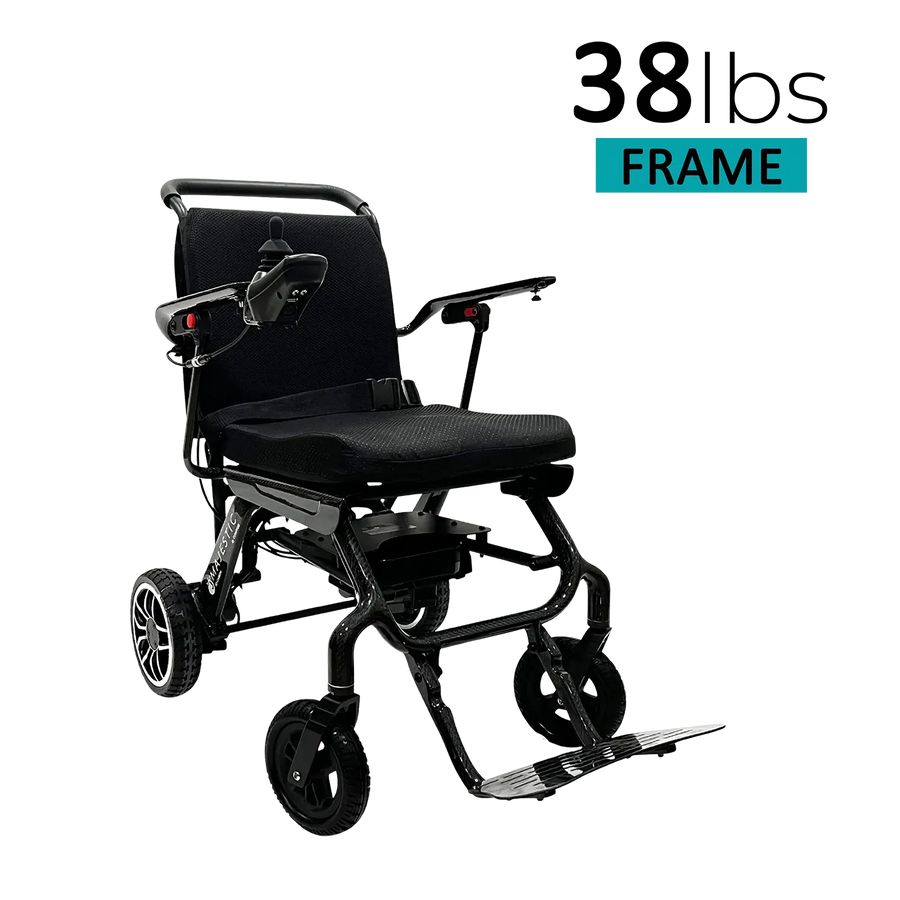 ComfyGo IQ-Carbon folding power wheelchair, upright front three-quarter view